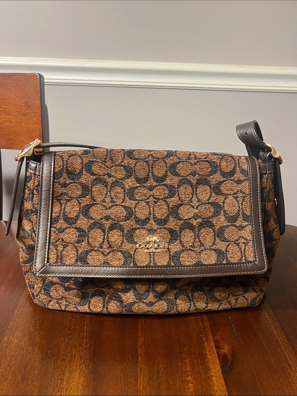 Coach Large Etta Flap Shoulder Bag in Signature Chenille with Dark Trim